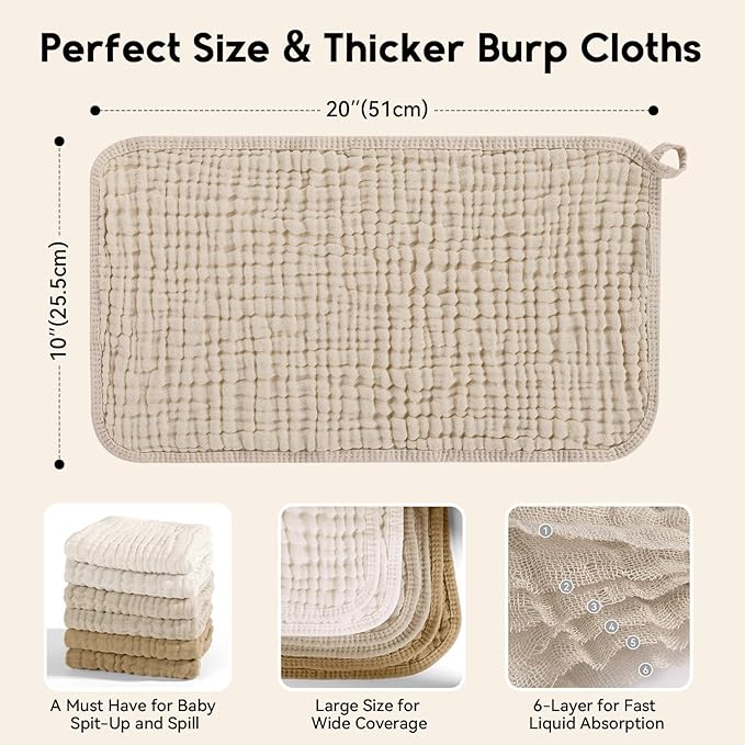 Muslin Burp Cloths for Baby 100% Cotton Burping Cloths for Boys Girls Large 20''X10'' Extra Soft and Absorbent 12 Pack - Gradient Khaki