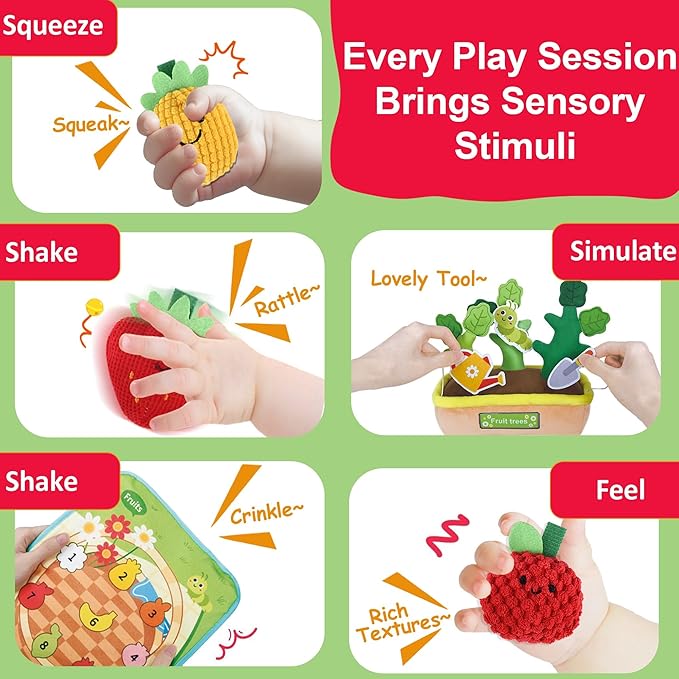 Toddlers Montessori Toys, Fruits Tree Baby Sensory Toys for 1 2 3 Year Old Boy Girl, Infant Toys with Rattle,Numeric Crinkle Tissues, Color Shape Sorting Numeracy Skills Birthday Gift for Age 0-2+