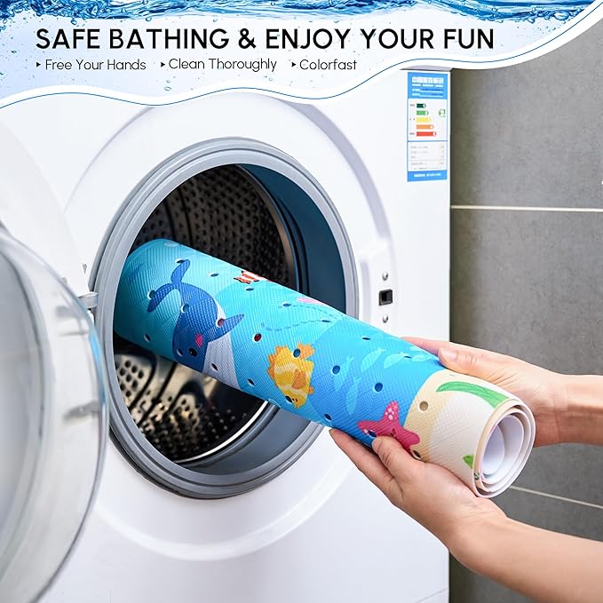 Vannokor Baby Bath Mat for Tub Non Slip Kids, 40 X 16 Inch Extra Long Bathtub Mat with Drain Holes and Suction Cups, Anti Slip Shower Mat Machine Washable, Whale