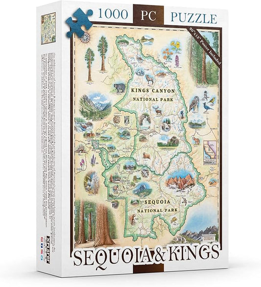 Sequoia and Kings Canyon National Parks Map Cardboard Jigsaw Puzzle - 1000 Pieces, Hand-Illustrated - Educational, Family Activity, Ages 7+, Includes Poster - 25.4 x 19.8