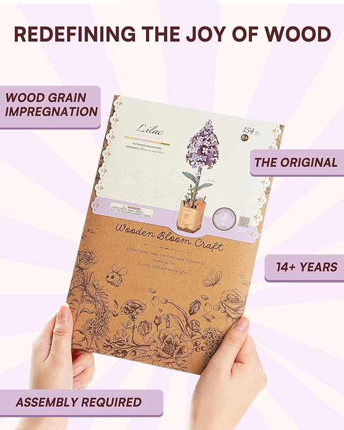 3D Flower Wooden Puzzles for Adults-Lilac, DIY Wooden Flowers Model Kit Building Set Crafts for Adults to Build, Botanical Collection/Ideal Creative Gift Ideas/Housewarming (154PCS)