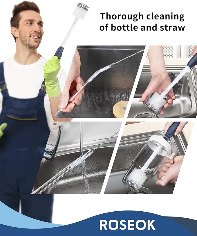 2 in 1 Long Handle Bottle Brush with Straw Brush for Cleaning Glass, Sports Bottle, Coffee Mug,Navy Blue,1 Pack
