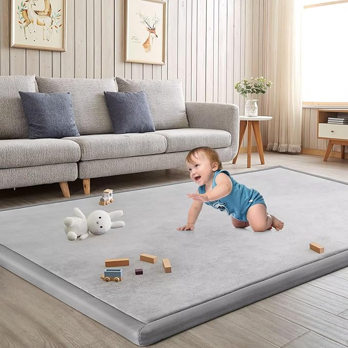 Baby Play Mat for Floor Tummy Time Mat Nursery Rug Muscle Area Rug Playroom Rug Tatami 74 * 50" Memory Foam 1.3" Thick Crawling For Babies,Toddlers, Infants, Kids,Floor(Light Gray)