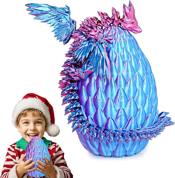 3D Printed Dragon Eggs with Articulated Fly Dragon Inside, Collectible Figurines Fidget Toy for Adults Kids Birthday Easter Christmas White Elephant Gifts for Friends Colleagues(Blue Pink, L Size)