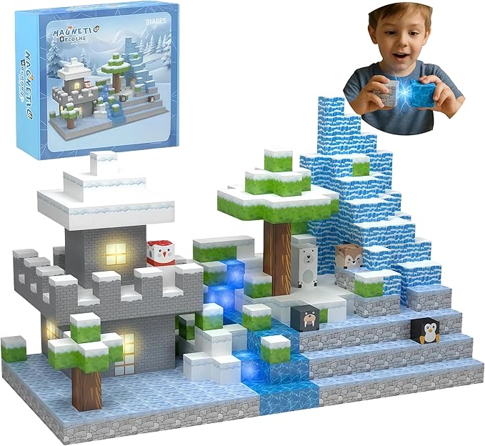 138 Pcs Magnetic Building Blocks, Enhance STEM Learning, Creative Play & Logical Thinking, Durable & Vibrant Color with Light Up Blocks, Ideal for Classroom & Screen-Free Entertainment (Glacier)