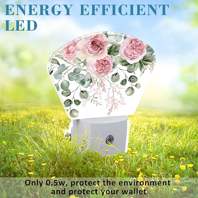 Pink Flowers Plug in Night Lights, Eucalyptus Greenery Nightlight Plug Into Wall Dusk to Dawn Sensor for Kid Girls Boys Women Men Bedroom, Hallway, Kitchen, Bathroom, Stairs Decor
