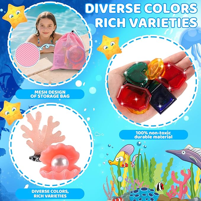 Diving Pool Toys for Kids Ages 4-12, 27 Pcs Mermaid Pool Toys with Gem Pirate Treasure and Chestand Storage Bag, Swimming Training Game Toy Summer Beach Party Gifts for Boys Girls Toddlers