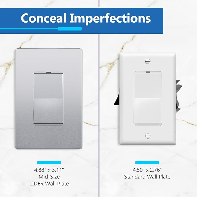 LIDER Matte Finish Decorator Switch Cover, Screwless Wall Plate, Mid-Size 1-Gang 4.88" x 3.11", Unbreakable Polycarbonate Thermoplastic, UL Listed, LSWP-31M-SV, Silver