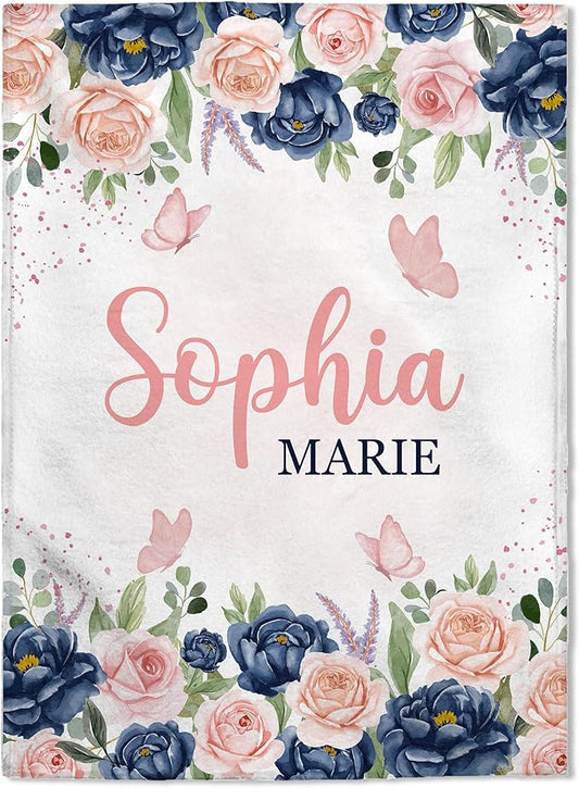 FLOCHIL Personalized Baby Blanket for Girls, Custom Baby Blanket with Name, Customized Baby Products, Gift for Baby, Newborn, Baby Shower (Floral 3)