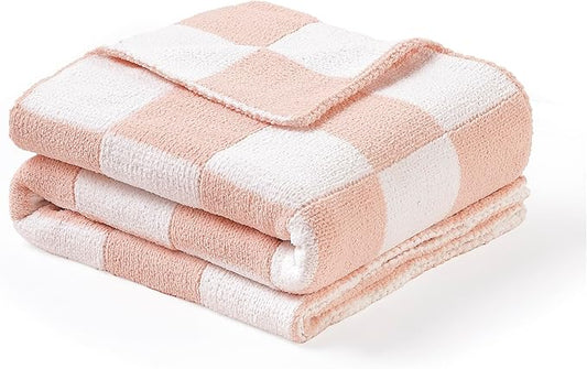 CREVENT 30"X40" Cozy Soft Warm Chenille Baby Blanket for Girls Boys, Newborn Essentials for Infant, Baby Shower Receiving Gift - Checked Pink 75X100cm