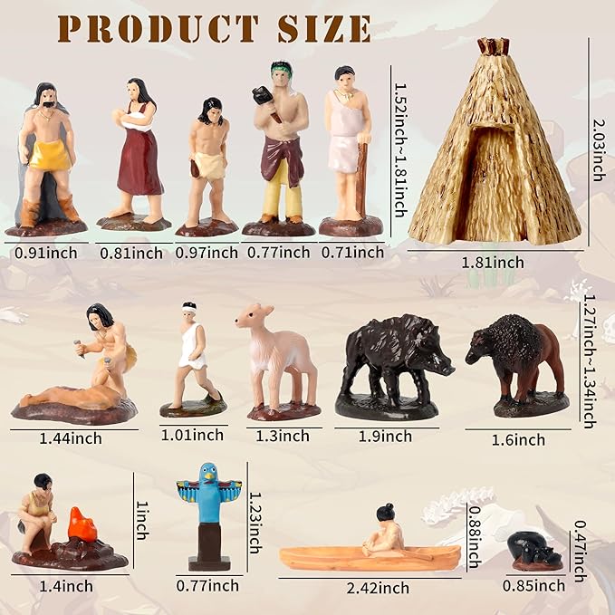 Hiawbon 15Pcs American Indian Figurines Set, Miniature Indian Figurines with Accessories, Resin American Indians Figures Play Figure Playsets for 3+ Years Old