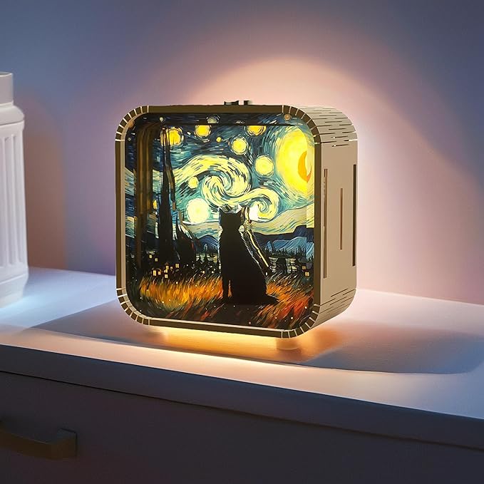 3D Wooden Puzzle Night Light,DIY Craft for Adults with Touch Night Light, Chrismas, New Year, for Teen, Desk Decor for DIY Puzzle Lovers, Men and Women (Van Gogh's Cat)