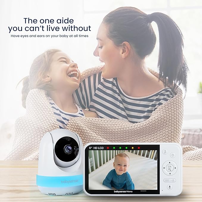 Babysense Prisma Baby Monitor with Camera and Audio, 5” HD Video Baby Monitor, 6-Color Night Light, Split Screen, Baby Sound Machine with White Noise & Lullabies, Secure No WiFi