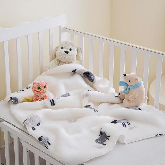 Soft Cozy Sherpa Fleece Baby Blankets Animal Pattern Fluffy Plush Receiving Blanket for Newborn Infant Toddler Thick Warm Crib Stroller Blanket for Boys Girls 30"x40" White Sheep