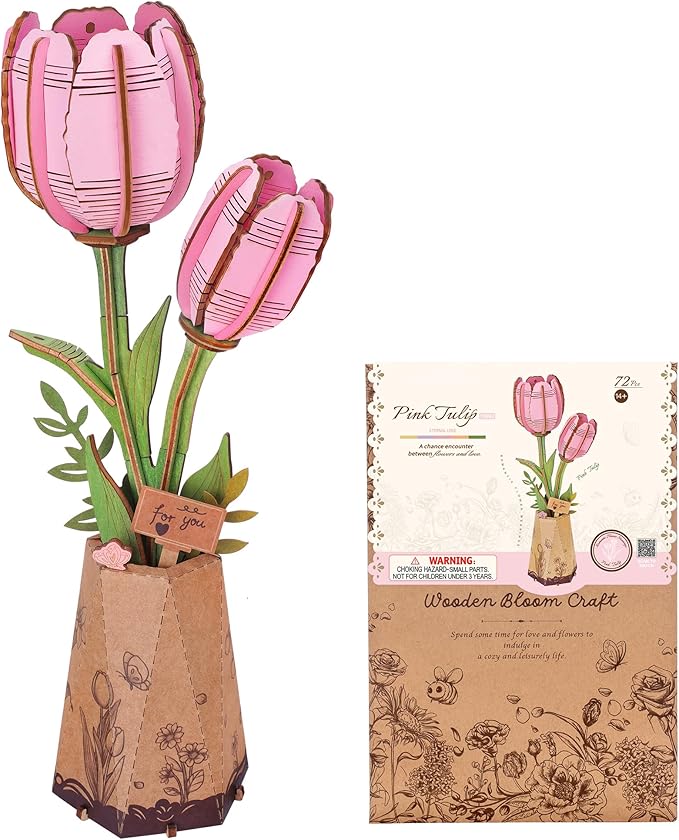 3D Flower Wooden Puzzles for Adults-Pink Tulip, DIY Wooden Flowers Model Kit Building Set Crafts for Adults to Build, Botanical Collection/Ideal Creative Gift Ideas/Housewarming (72PCS)
