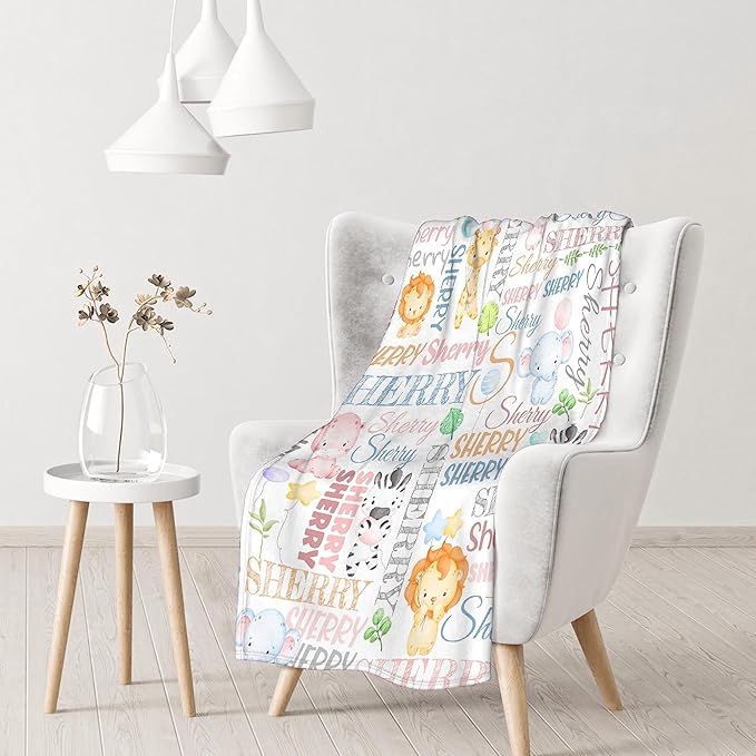 Personalized Baby Blanket for Girls Boys Lion Elephant Custom Baby Blanket with Name Swaddle Blanket for Toddlers Infants Kids Shower Newborns Nursery Stroller Crib Decor Throw Birthday Gift