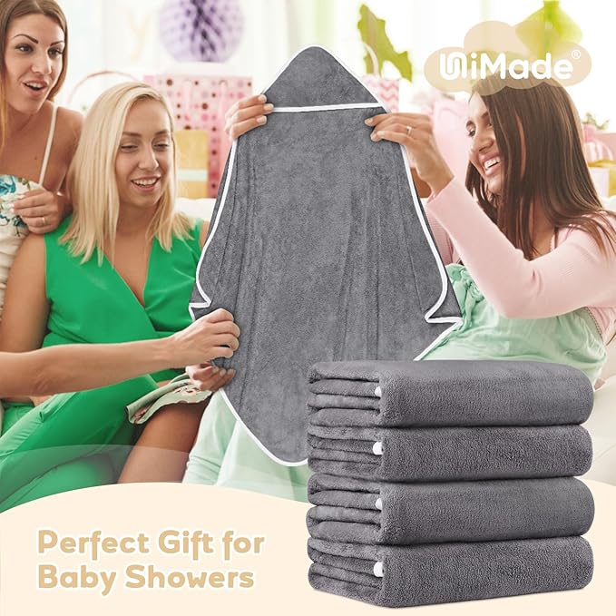 Hooded Towel for Newborn, 4 Pack Soft Coral Fleece Baby Towels, Ultra Absorbent Bath Cloths Bulk for Infants, Toddlers, Newborn Essential- 30 x 30 inch - Grey