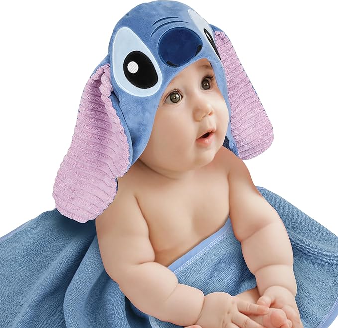 Lambs & Ivy Disney Stitch Luxury Blue Cotton Terry Hooded Baby Bath Towel