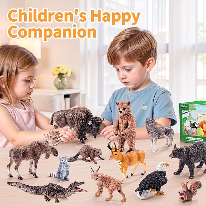 12PCS Large North American Animal Figurines, Realistic Safari Woodland Jungle Animals Figures Toys Includes Crocodile,Wolf,Bear,Deer Cake Toppers Birthday Gift Party Favors Toys for Toddlers
