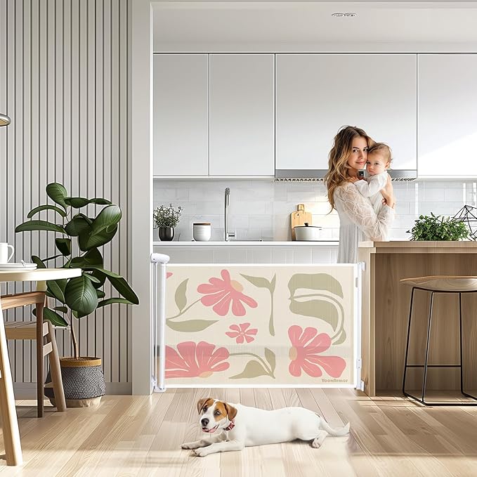 Retractable Baby Gate Child Safety 34" Tall x 71” Wide, Mesh, for Stairs, Doorways, Dogs, Pets, Indoor, Outdoor, One-Handed Operation, Locking, Easy Install, Hardware Mount, Flowers