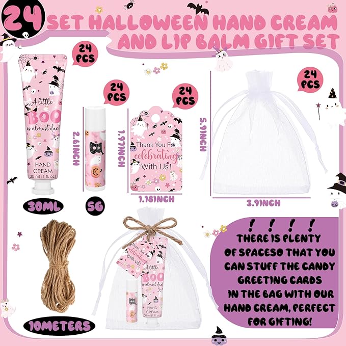 24 Sets Halloween a Little Boo Is Almost Due Baby Shower Hand Cream and Lip Balm Gift Travel Size Hand Lotion and Lip Balm with Organza Bags Tags Pink Black Halloween Baby Shower Favors for Guests