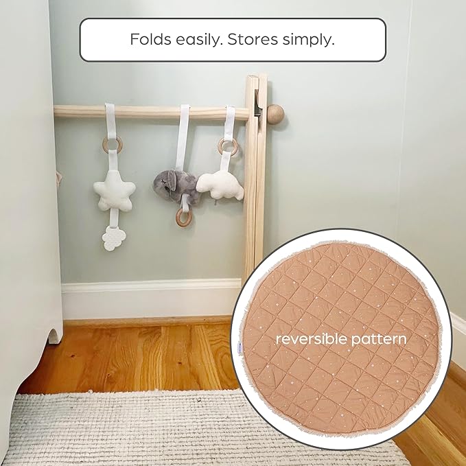 Montessori Wooden Baby Play Gym and Mat | Heirloom-Quality FSC Pine, Reversible Washable Mat, Includes Hanging Toys | Neutral Baby Activity Gym for Newborn to 6 Months