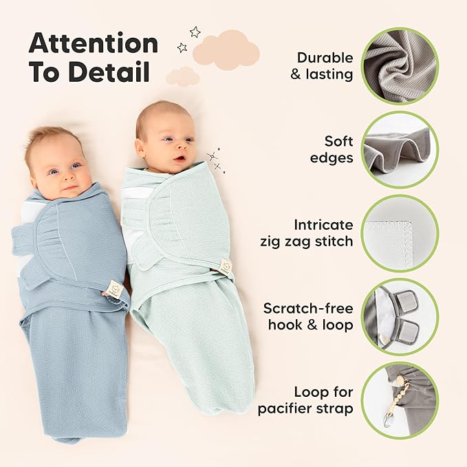 3-Pack Organic Swaddles for Newborns, Baby Sleep Sacks 0-3 Months - Baby Swaddle Wrap, Newborn Wearable Blanket, Infant Sleep Sack for Girls, Boys, Soft & Snug, Large Hook & Loop Closure (Glacier)