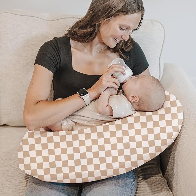 Konssy 2 Pack Nursing Pillow Covers, Stretchy and Soft Nursing Cover for Breastfeeding Pillows, Pillow Slipcover for Baby Girls Boys Newborn (Moon,Coffee Check)