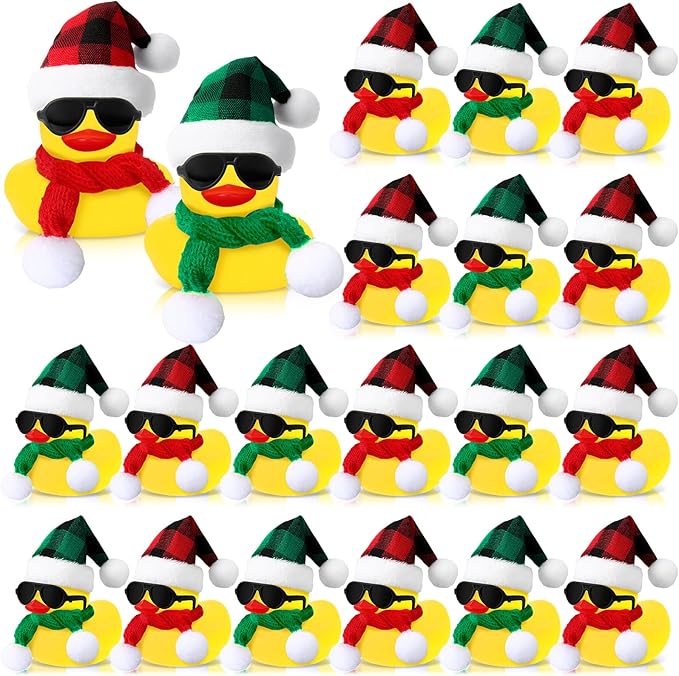 Syhood 24 Sets Christmas Mini Rubber Duck Bulk with Sunglasses Scarf Hats and Adhesive Dots Duckies Bath Toy Xmas Decor for Christmas Winter Gift Cruise Birthday Party (Plaid Hat)