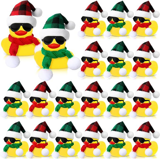 Syhood 24 Sets Christmas Mini Rubber Duck Bulk with Sunglasses Scarf Hats and Adhesive Dots Duckies Bath Toy Xmas Decor for Christmas Winter Gift Cruise Birthday Party (Plaid Hat)