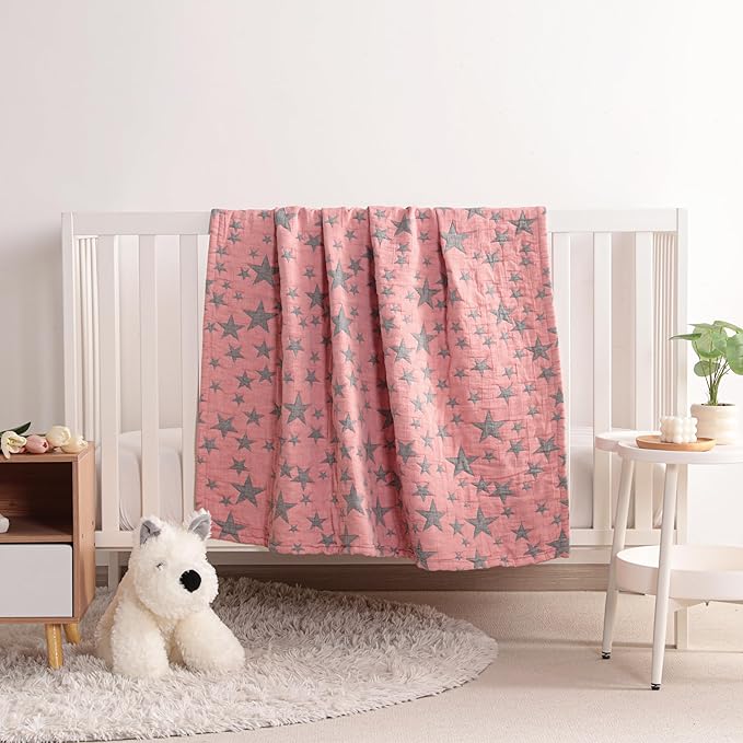 NTBAY 3 Layer Toddler Blanket, Muslin Cotton Jacquard Bed Blankets, Lightweight Thermal Baby Blanket, Super Soft and Warm Crib Blanket for All Seasons, Decoration Gift, 30"x40", Red and Black Star
