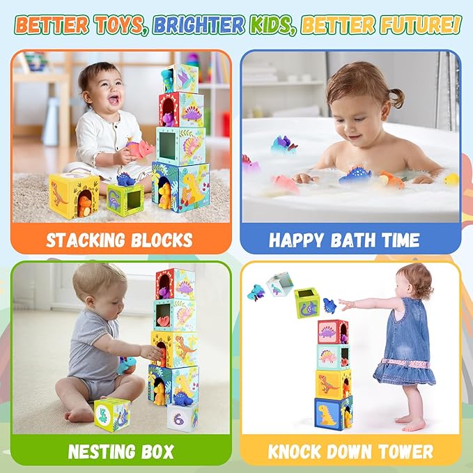 KMTJT Toddlers and Babies Dinosaur Sorting and Stacking Toys Blocks for 1-3 Kids Preschool Learning, Numbers Nesting Boxes Montessori Toys Gifts for 1 2 3 Year Old Baby Boys Girls