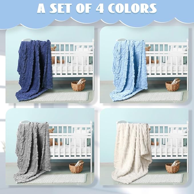 VitalCozy 4 Pcs Fluffy Baby Blanket Fleece 30" x 40" 3D for Boys Nursery Little Girl Infant or Newborn Receiving Swaddling Blankets(Blue Set)