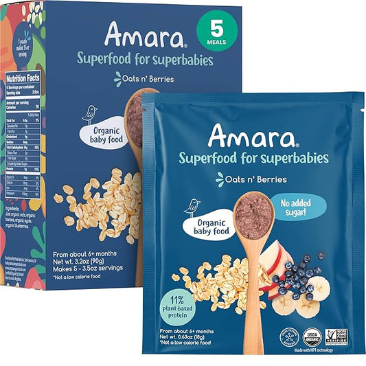 Amara Organic Baby Food - Stage 2 - Oats & Berries - Baby Cereal to Mix With Breastmilk & Water - Shelf Stable Baby Food Pouches Made from Organic Fruit and Veggies - 5 Pouches, 3.5oz Per Serving