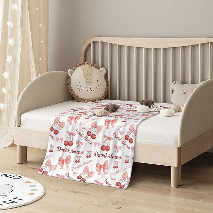 Ship Next Day Custom Name Baby Blanket, Personalized Toddler Blanket with Cherry Pattern, for Baby Boys and Girls