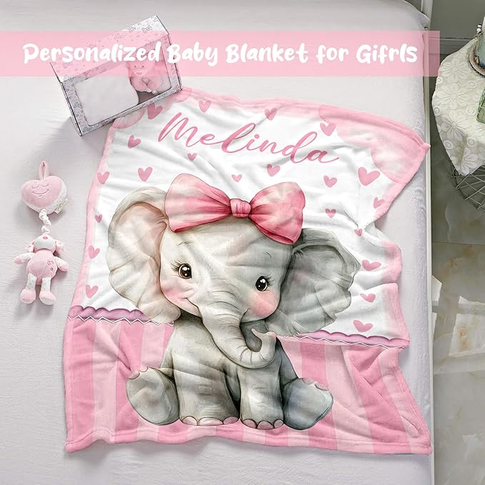 Personalized Baby Blanket for Girls, Custom Baby Blanket with Name, Soft Cozy Personalized Name Blankets for Kids, Customized Elephant Blanket for Infant Toddler Birthday Christmas