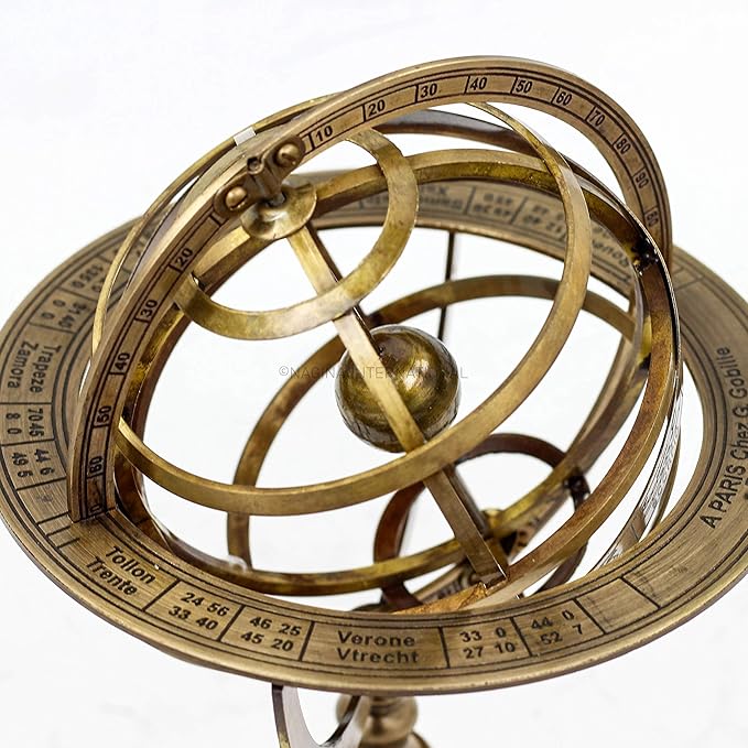 Nagina International Antique Vintage Zodiac Armillary Brass Sphere Globe Wooden Display | Pirate's Antique Ship Decor (Medium, Antique Brass)