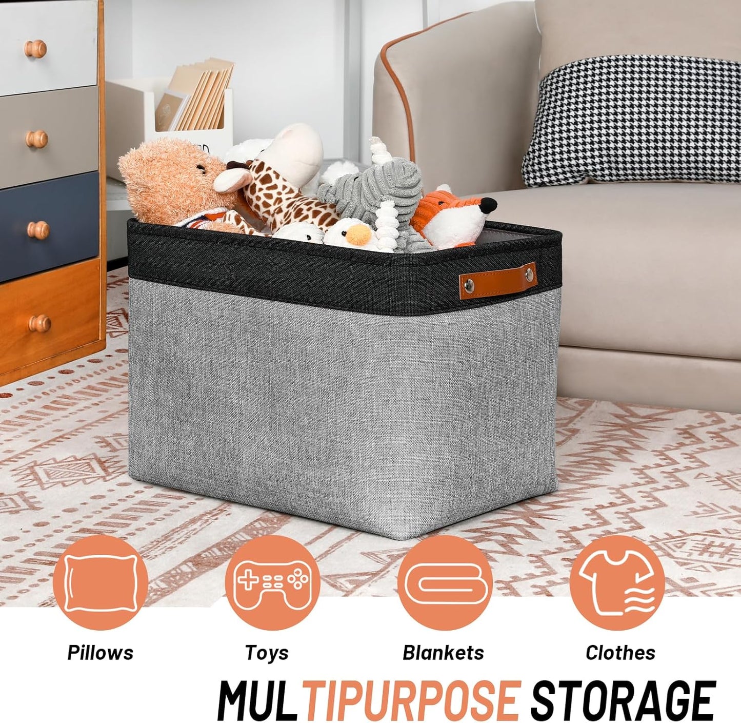 DULLEMELO Fabric Storage Bins - Decorative Large Baskets for Home Shelves & Bedroom, Canvas Toy Organizers (Black & Gray)