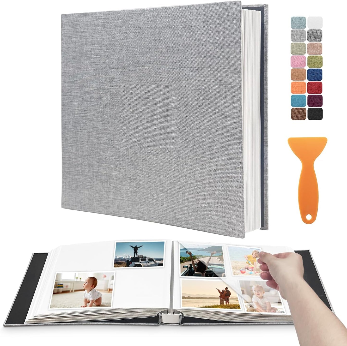 Large Photo Album Self Adhesive Scrapbook Album for 4×6 8×10 Pictures DIY Magnetic Linen Cover Album 40 Pages for Family Wedding Gifts with Metal Pen and Plastic Board