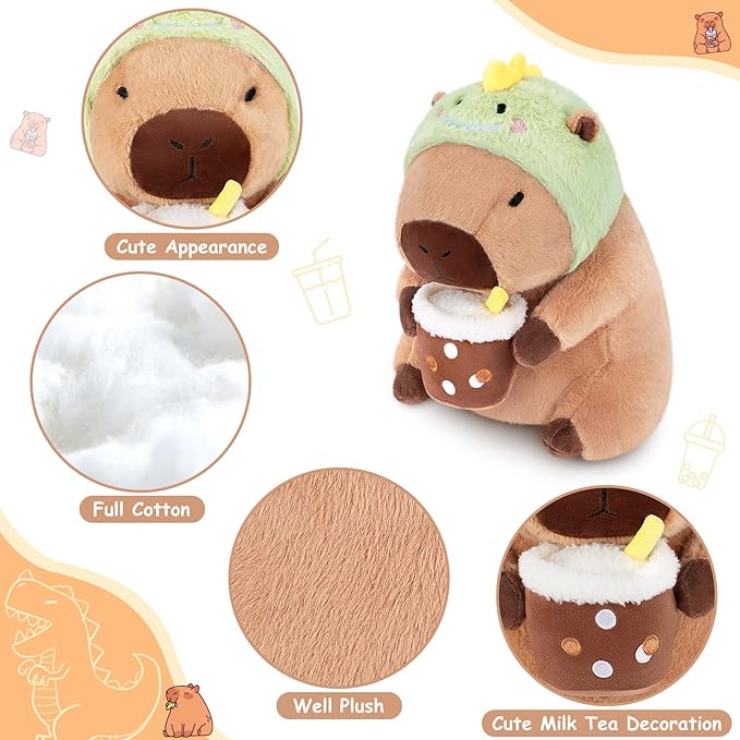 Achwishap Capybara Plush,Cute Plushies Capybara Stuffed Animals,Capybara Plush Toys,Kawaii Plushie Stuffed Toy with Dinosaur Hat Plushies Gift for Kids Adults Birthday(Capybara with Dinosaur Hat,12”)