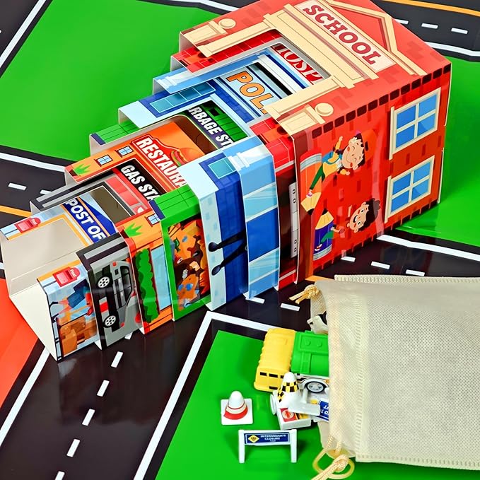 Cinrobiye Community Helpers Sorting and Stacking Set with Wooden Figures Traffic Signs Vehicles Modern City Mat Vehicle Preschool Learning Montessori Game Nesting Boxes for Boys Girls Birthday Gift