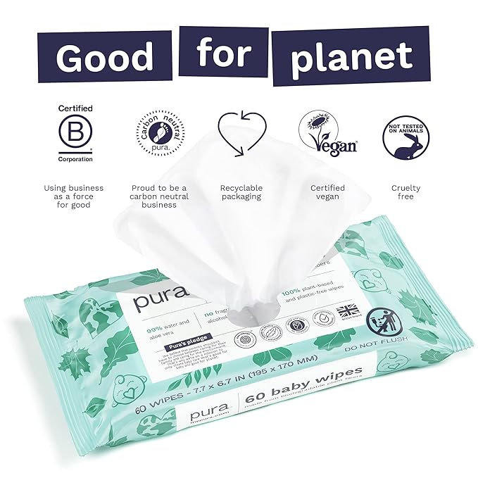 Pura Baby Wipes, 180 Count, Plastic-Free | Sensitive Skin | 99% Water | Fragrance Free | Plant Based