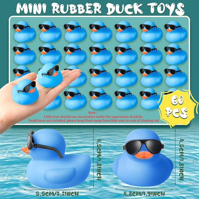 Meooeck 60 Pcs Glow in The Dark Mini Rubber Ducks with Sunglasses 2.2 Inch Squeaky Floating Bath Toys for Shower Kids Party,Blue