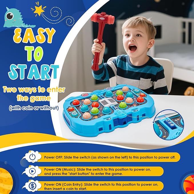 Whack a mole Game for 3 4 5 6+ Year Old Boys, Interactive Pounding Bench with 9 Speed Levels, Interactive Educational Toy with Sound and Light,PK Mode with 2 Hammers
