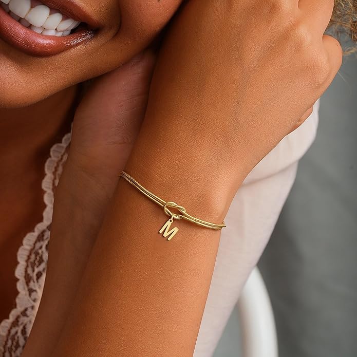 Stocking Stuffers for Teen Girls - 18K Gold Plated Love Knot Initial Bracelets for Women Friends Bridesmaid Gifts Dainty Gold Bracelets Birthday Christmas Gifts for Teens Women