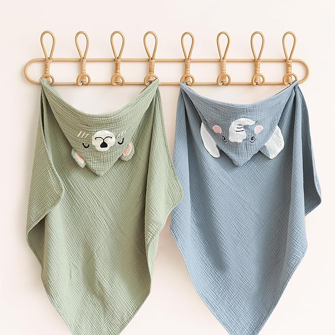 Konssy 2-Pack Muslin Baby Hooded Towels, 100% Cotton, Soft and Absorbent Baby Bath Towels for Newborn, Infant & Toddler with Animal Hooded Design(Elephant & Bear)