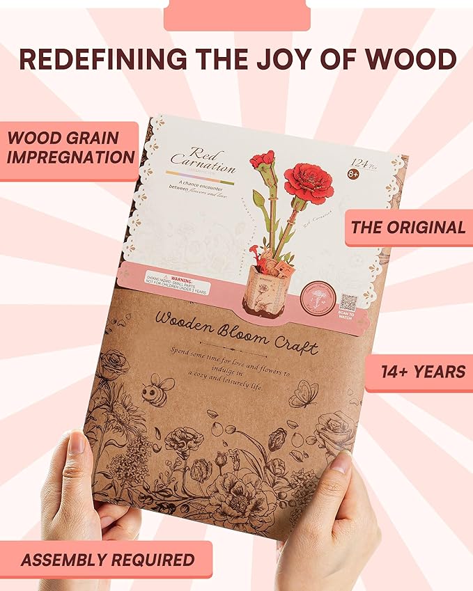 3D Flower Wooden Puzzles for Adults-Red Carnation, DIY Wooden Flowers Model Kit Building Set Crafts for Adults to Build, Botanical Collection/Ideal Creative Gift Ideas/Housewarming (124PCS)