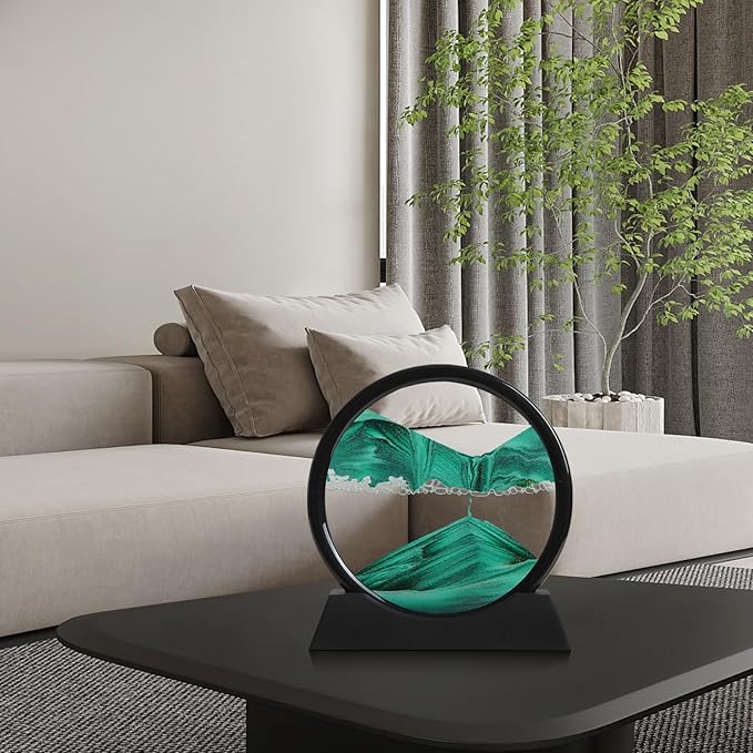 Moving Sand Art Liquid Motion, 3D Deep Sea Sandscape Color Quicksand Decor, Round Glass Moving Sand Art Picture Relaxing Desktop Home Office Work Decor (Green, 7 inch)