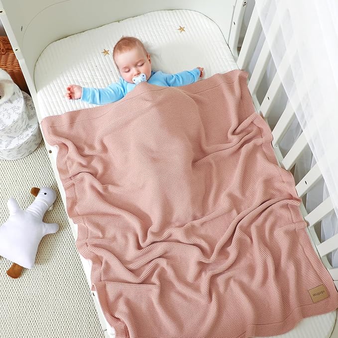 Baby Blanket 30 x 40 Inch Soft Knit for Boys & Girls Cotton Nursery Swaddling Blankets Toddler Knitted Crochet Receiving Crib