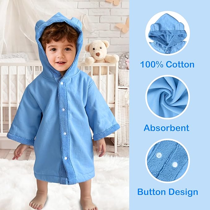 VOOVA & MOVAS Baby Hooded Bath Towel with Bear Ear,0-3Years | Ultra-Absorbent & Skin-Friendly Soft 100% Cotton for Newborns, Infants – Pool, Beach, Bath Time | Perfect, Blue